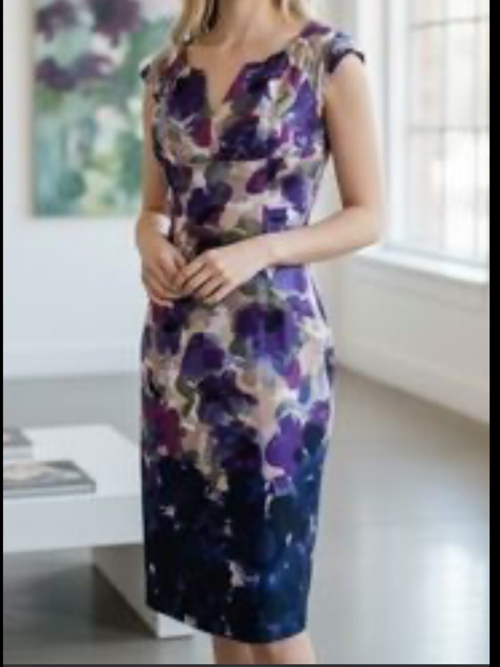 Adrianna Papell Watercolor Purple Floral Cocktail Midi, size 12